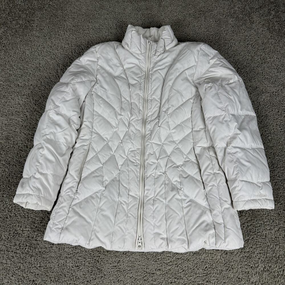 LL Bean Down Jacket Womens Medium White Quilted Puffer Full Zip Coat Warm